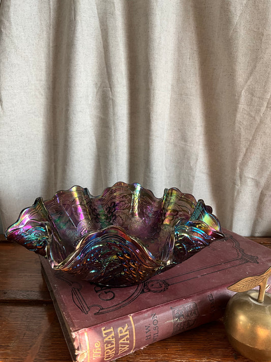 Vintage carnival glass amethyst iridescent fruit serving bowl