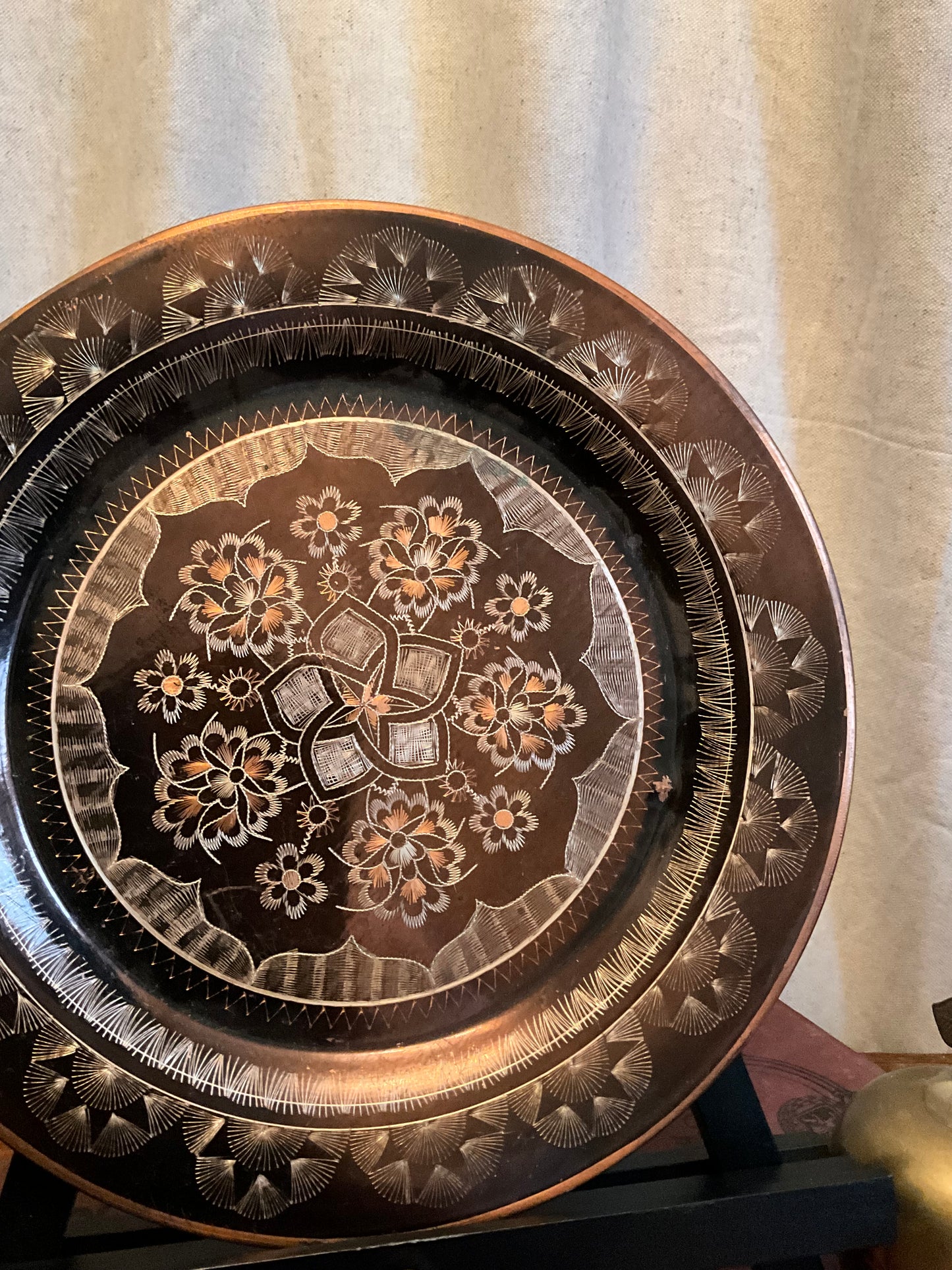 Vintage eastern brass and copper floral hanging plate