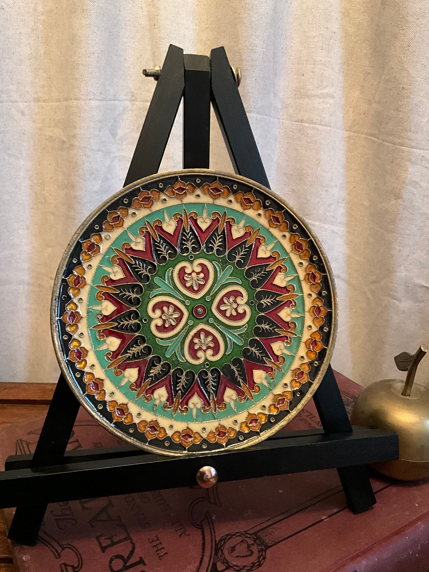 Vintage brass enamel patterned hanging plate