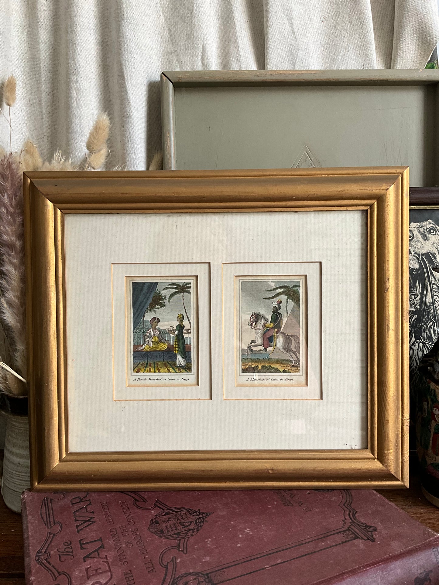 Vintage pair of prints in bevelled gold frame