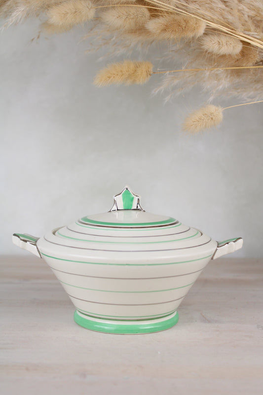 Green Striped Art Deco Sauce Pot with Lid