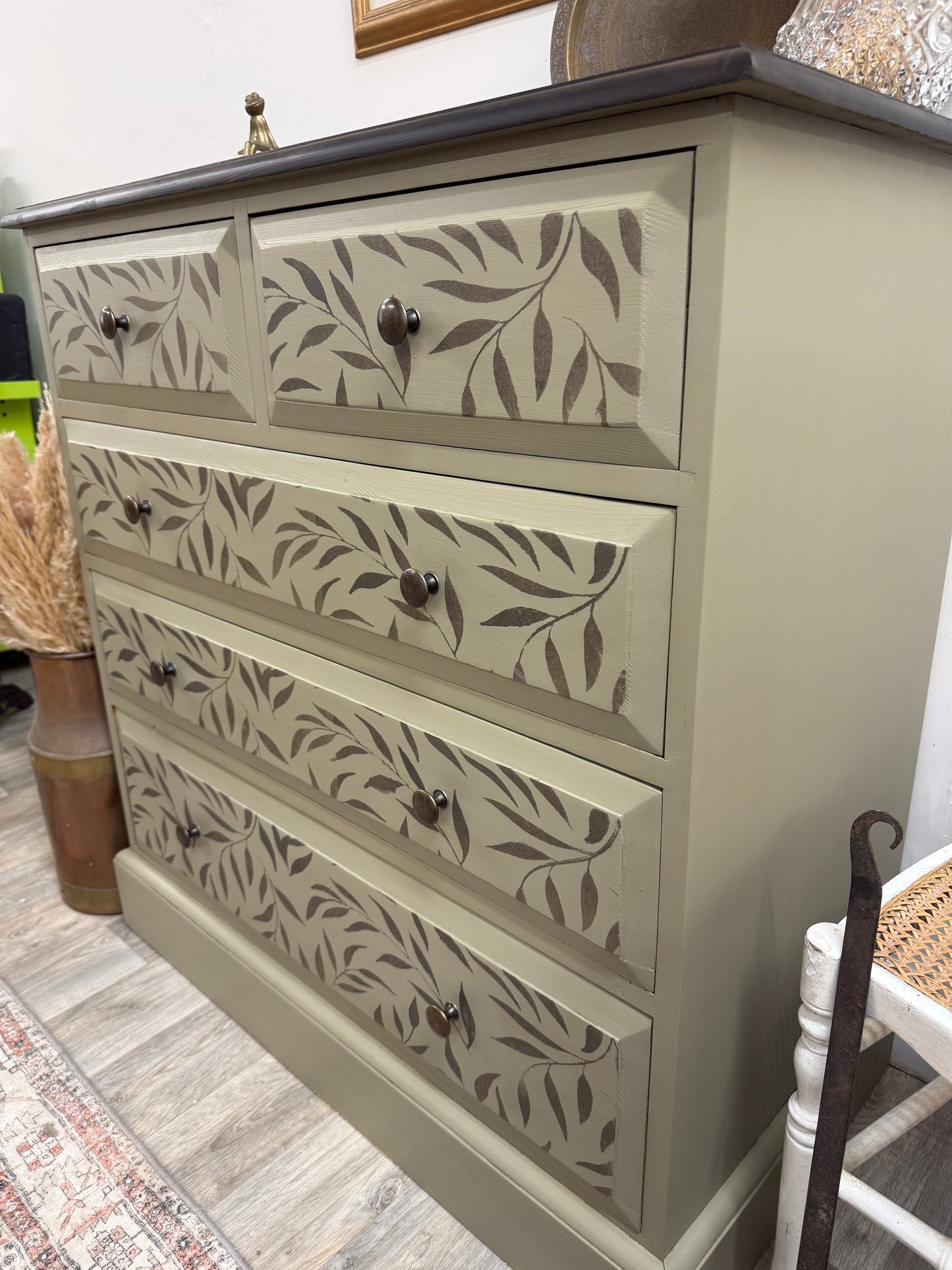 Solid pine stencil painted chest of drawers