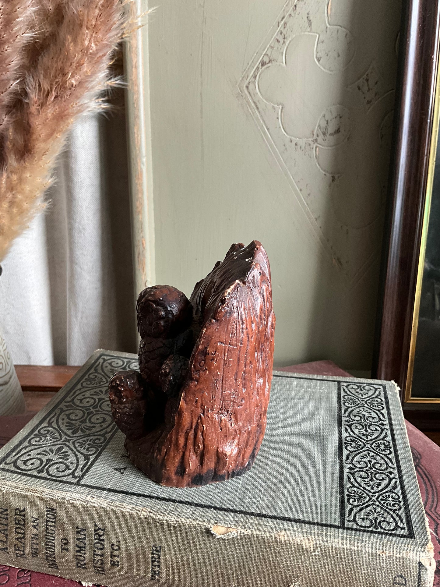 Vintage wood style family of owls figurine