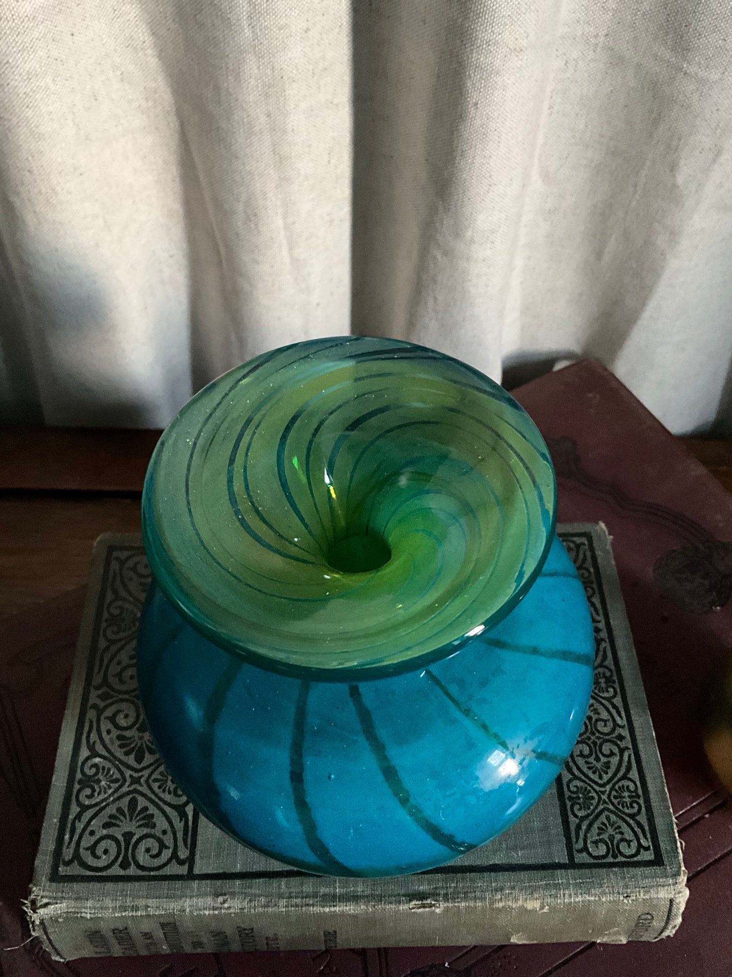 Art glass blue and green swirl vase