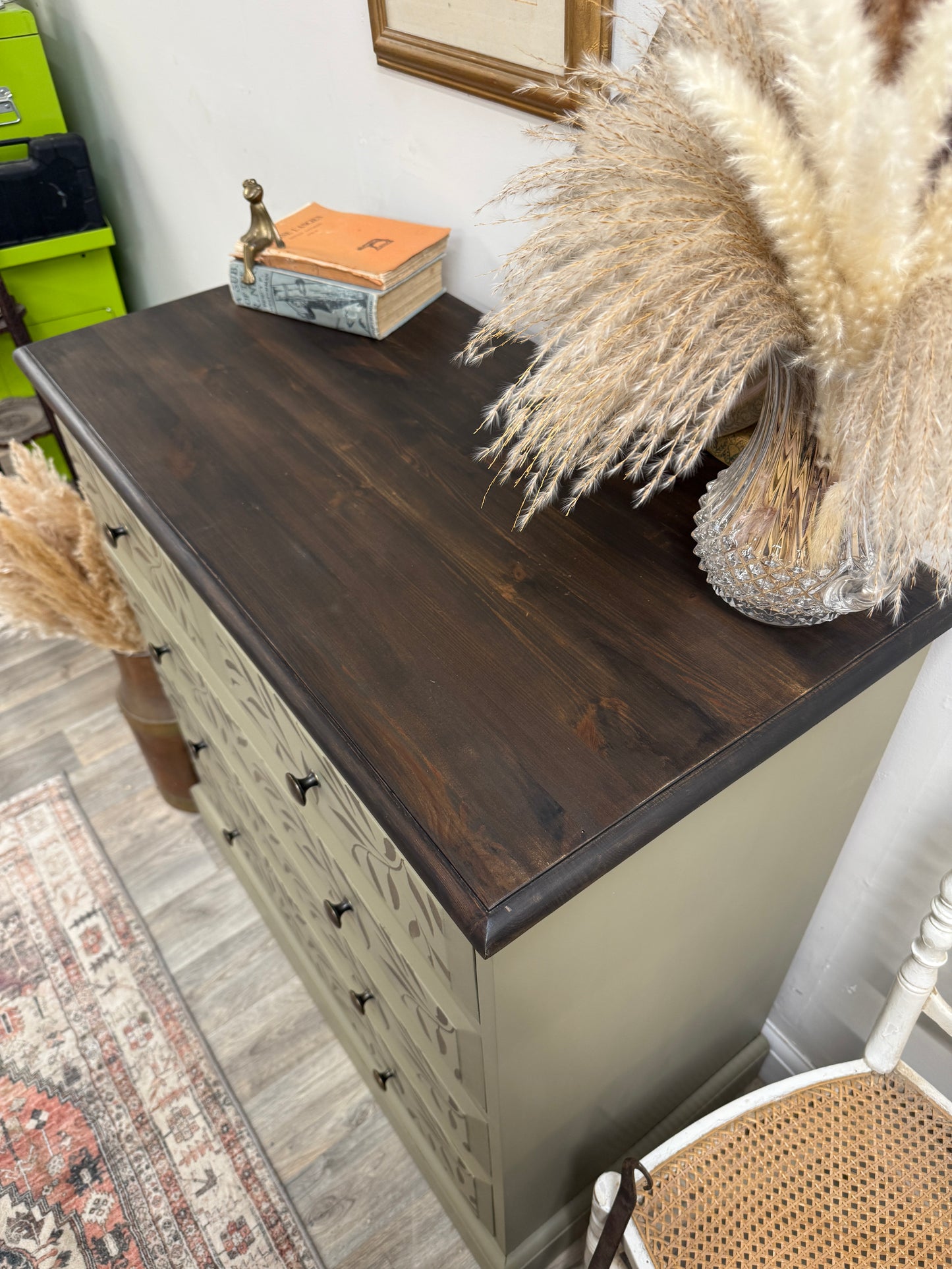 Solid pine stencil painted chest of drawers