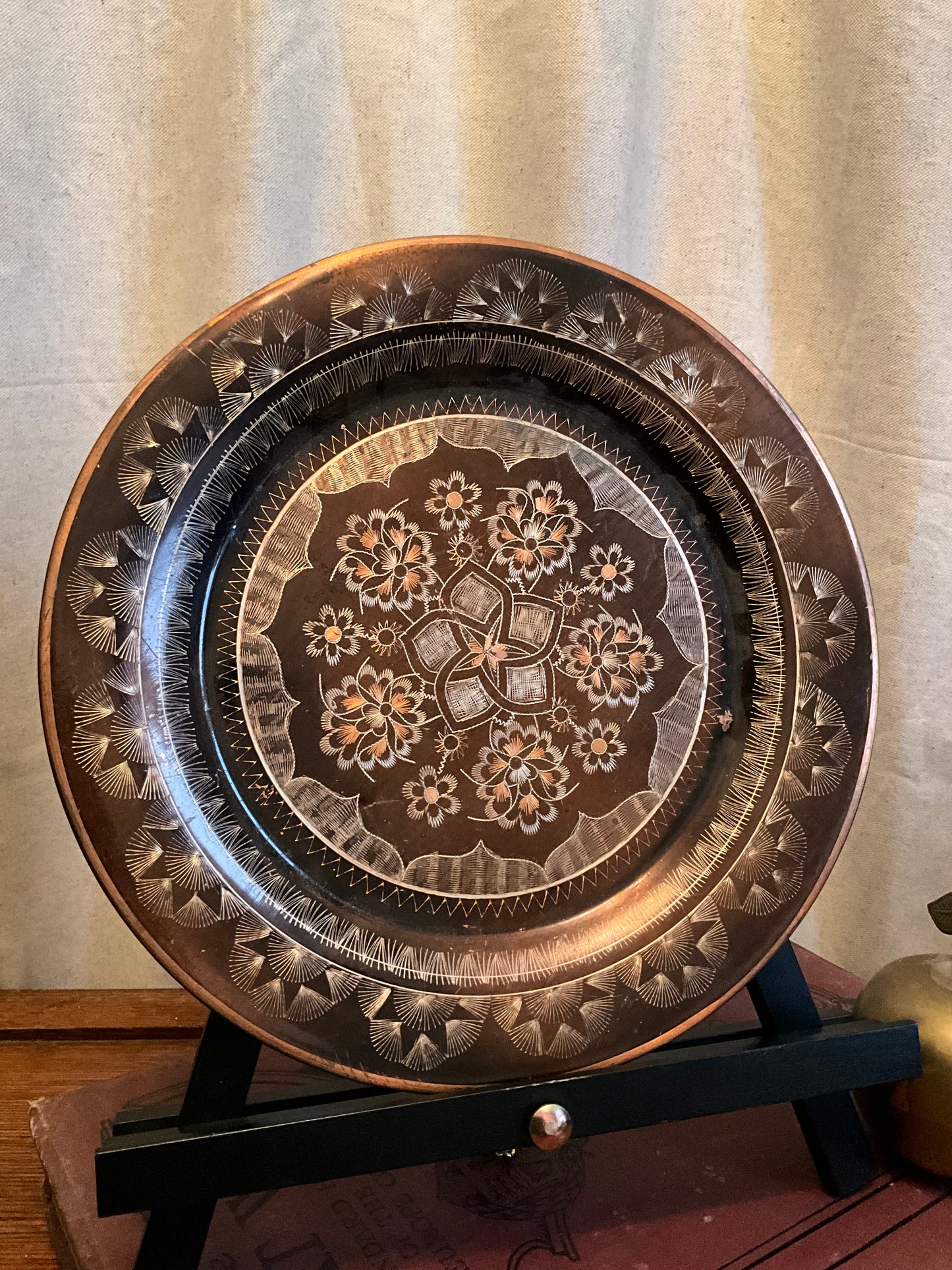 Vintage eastern brass and copper floral hanging plate