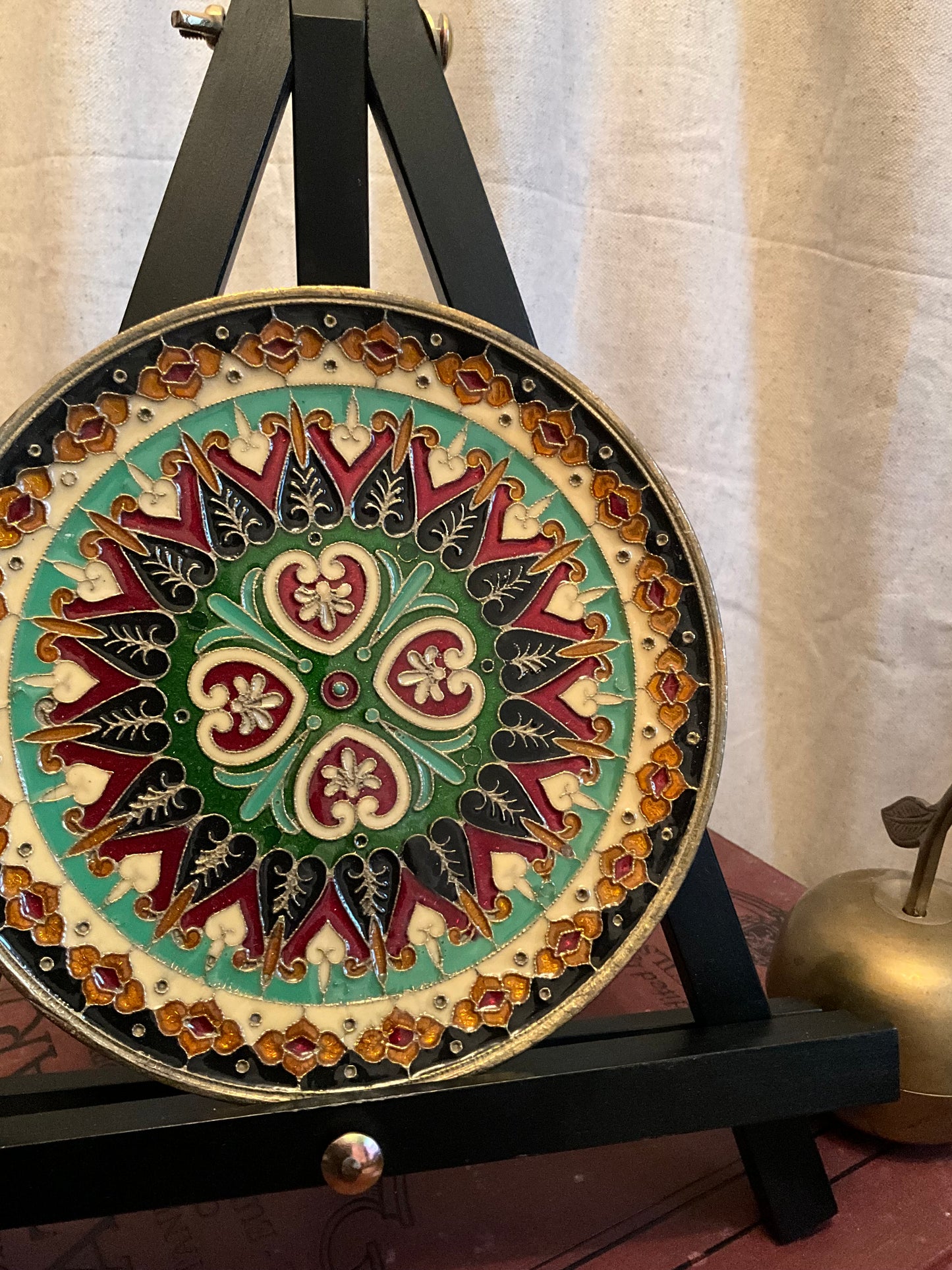 Vintage brass enamel patterned hanging plate