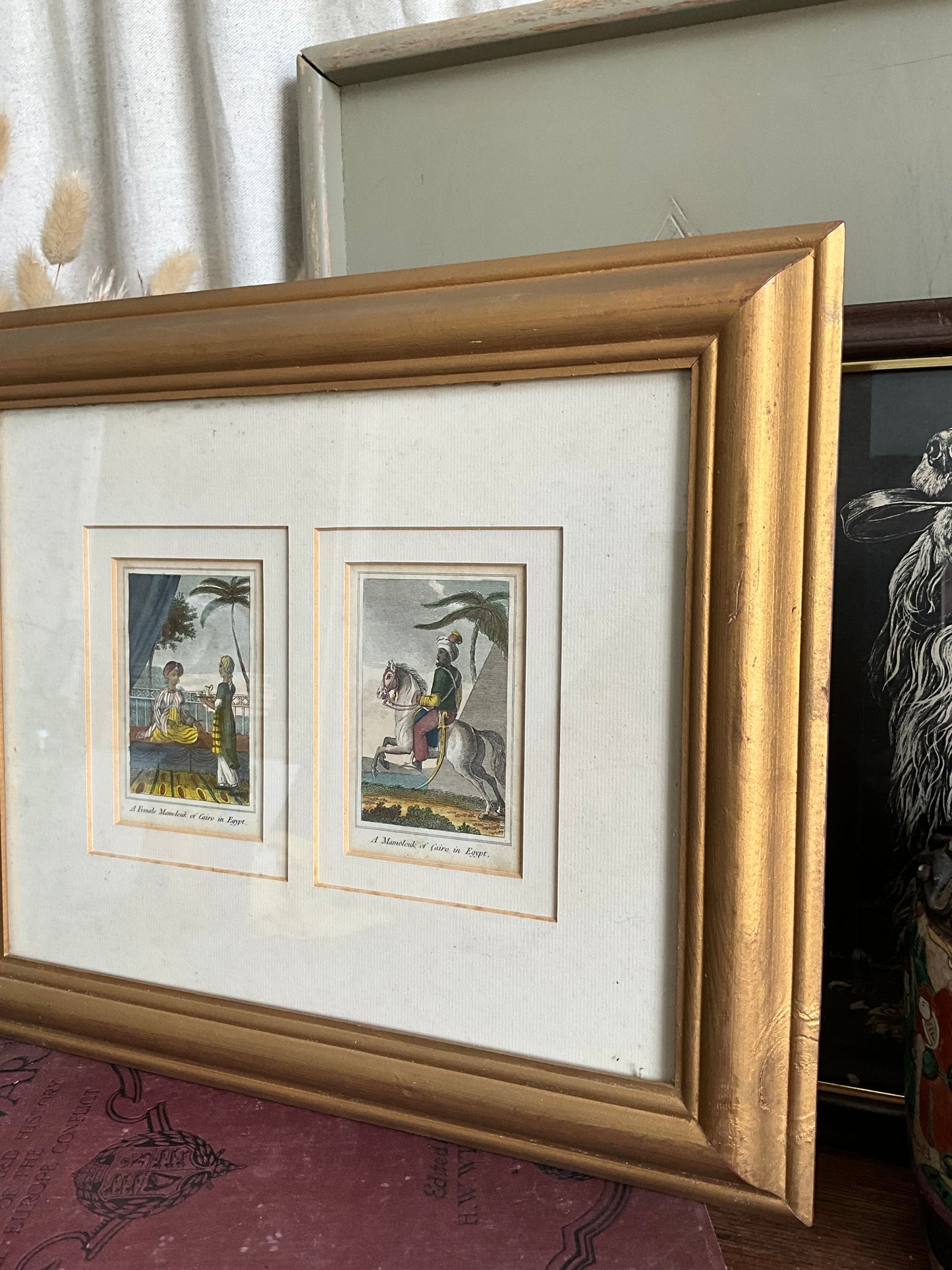 Vintage pair of prints in bevelled gold frame