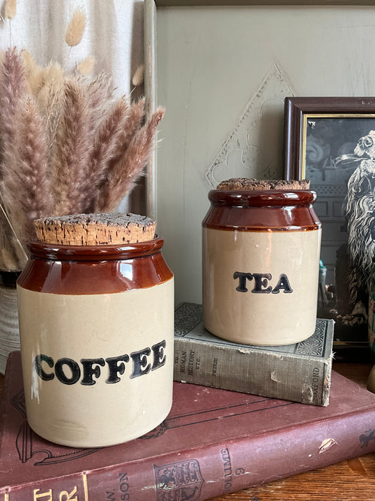 Vintage stoneware tea and coffee jars with cork lids