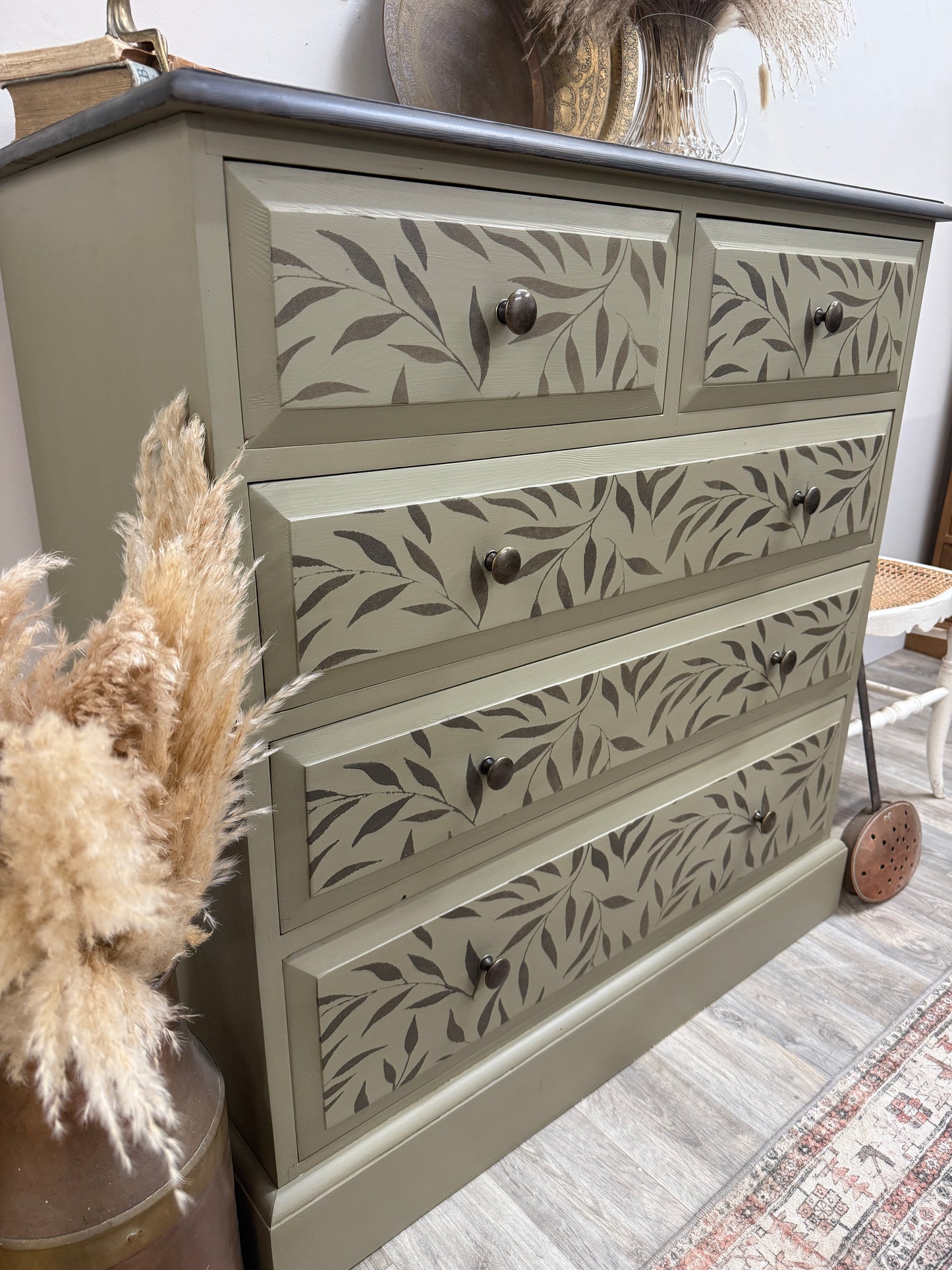 Solid pine stencil painted chest of drawers