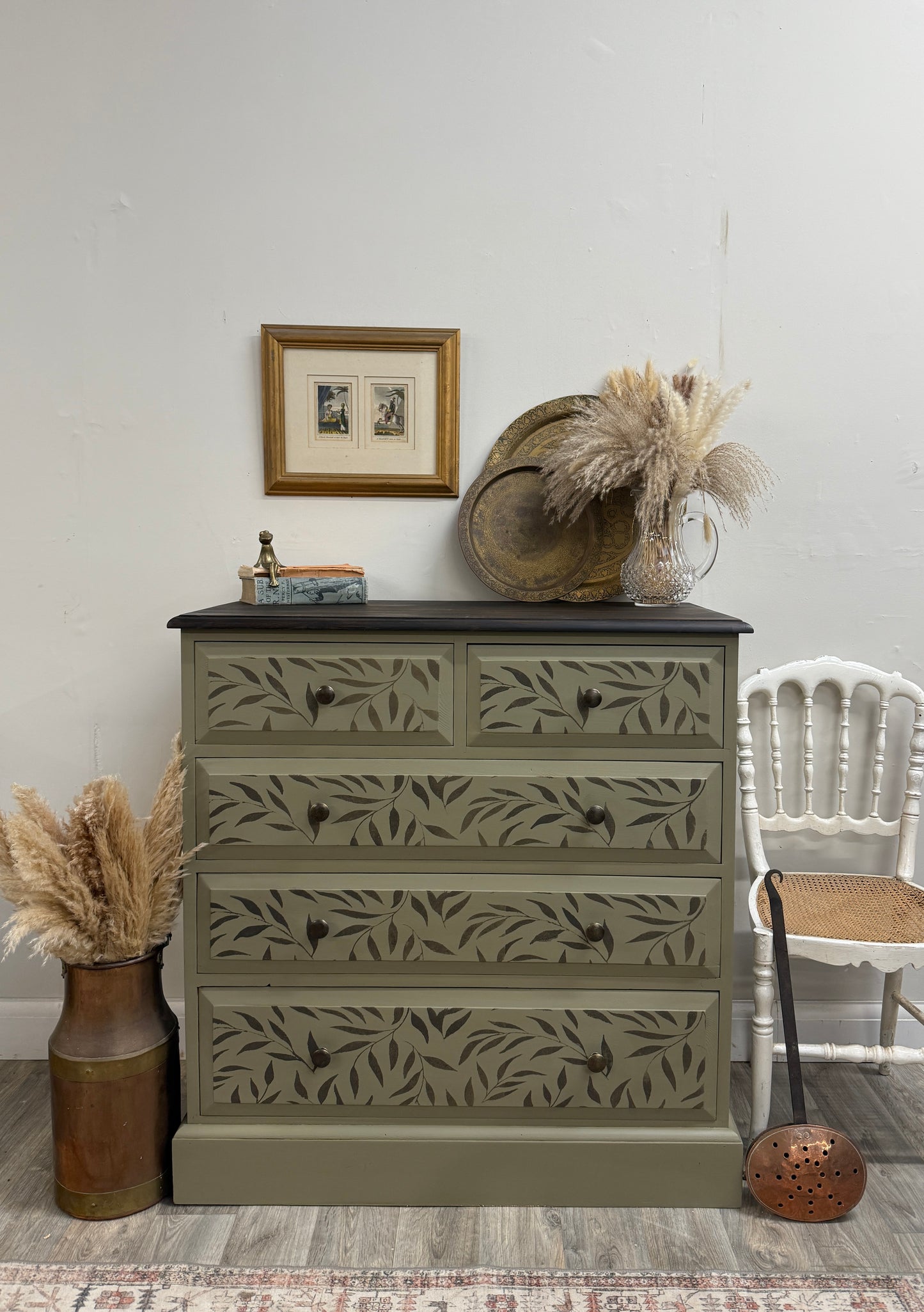 Solid pine stencil painted chest of drawers