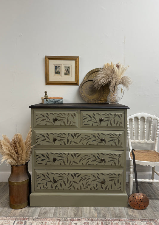 Solid pine stencil painted chest of drawers