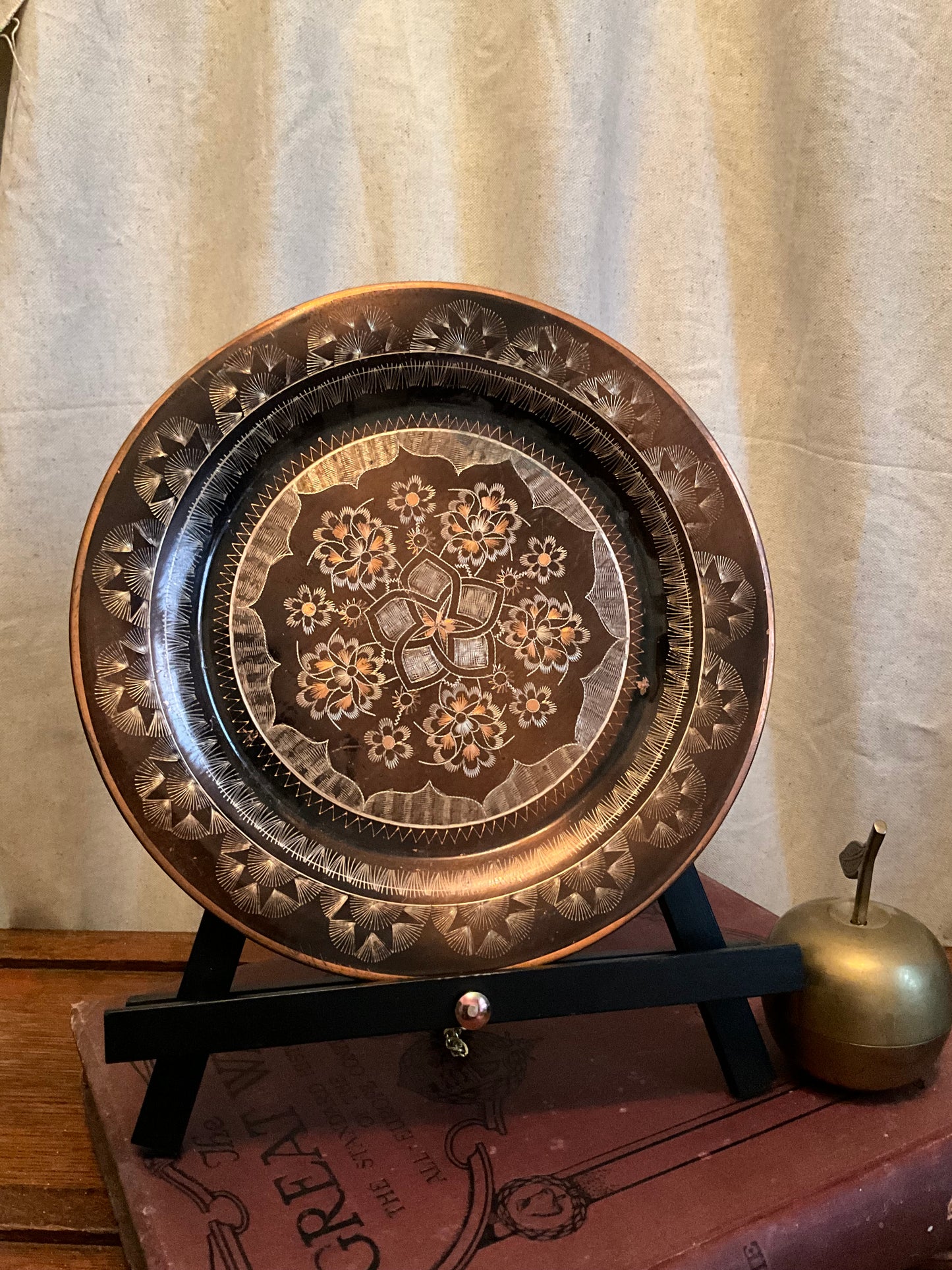 Vintage eastern brass and copper floral hanging plate