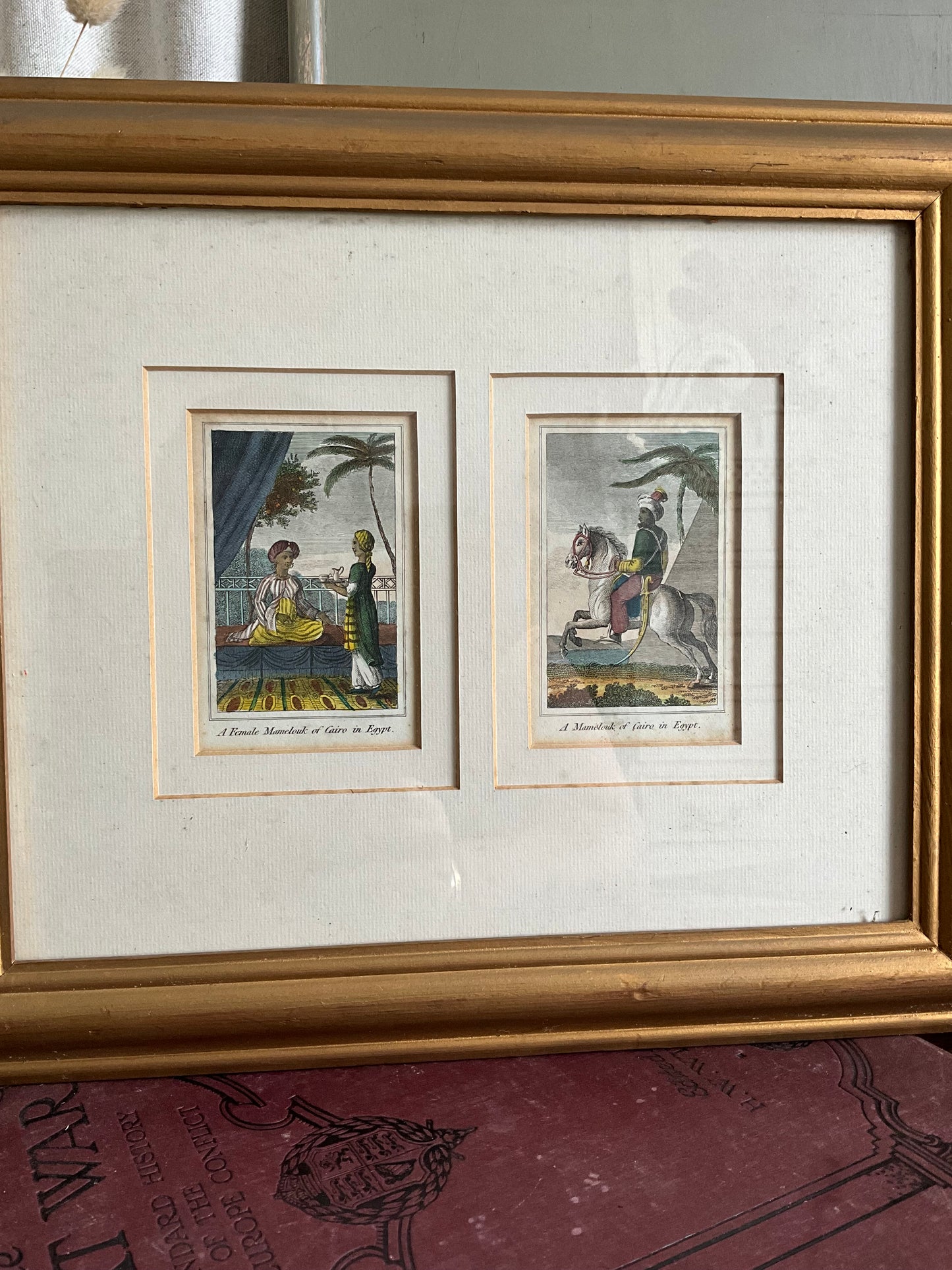 Vintage pair of prints in bevelled gold frame