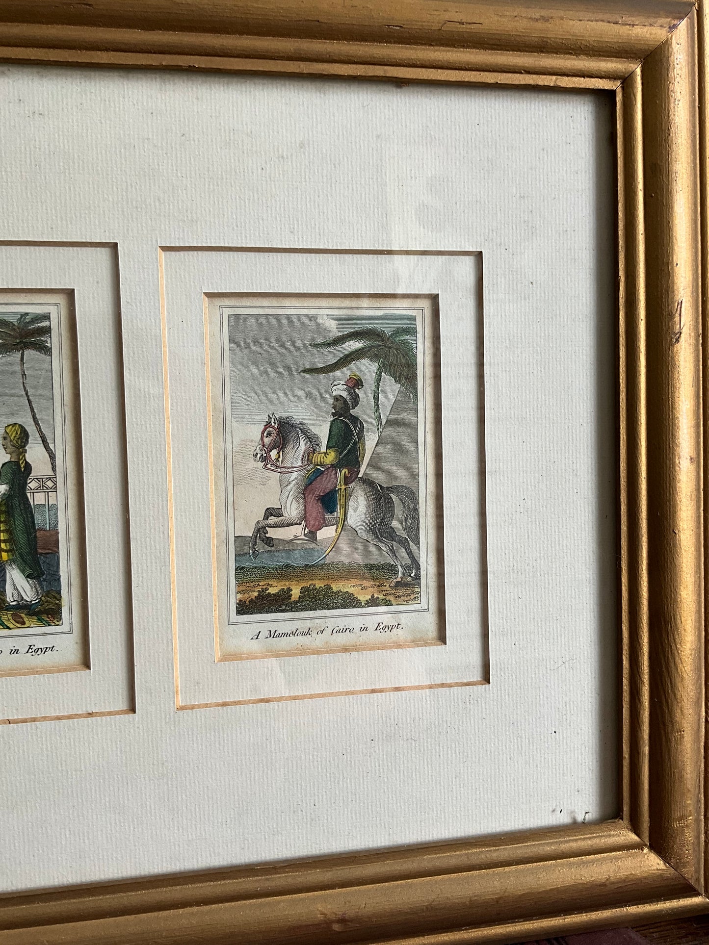 Vintage pair of prints in bevelled gold frame