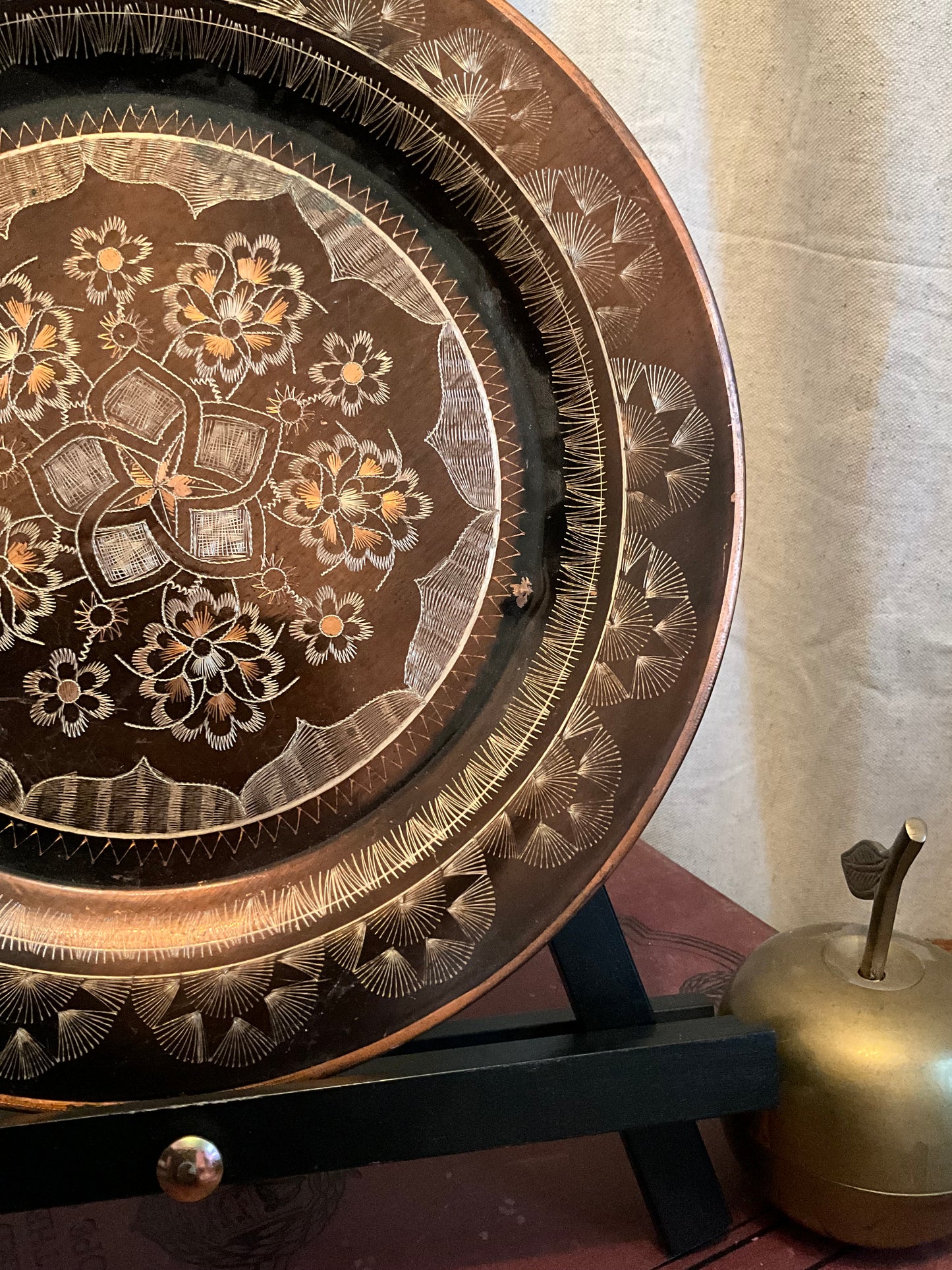 Vintage eastern brass and copper floral hanging plate