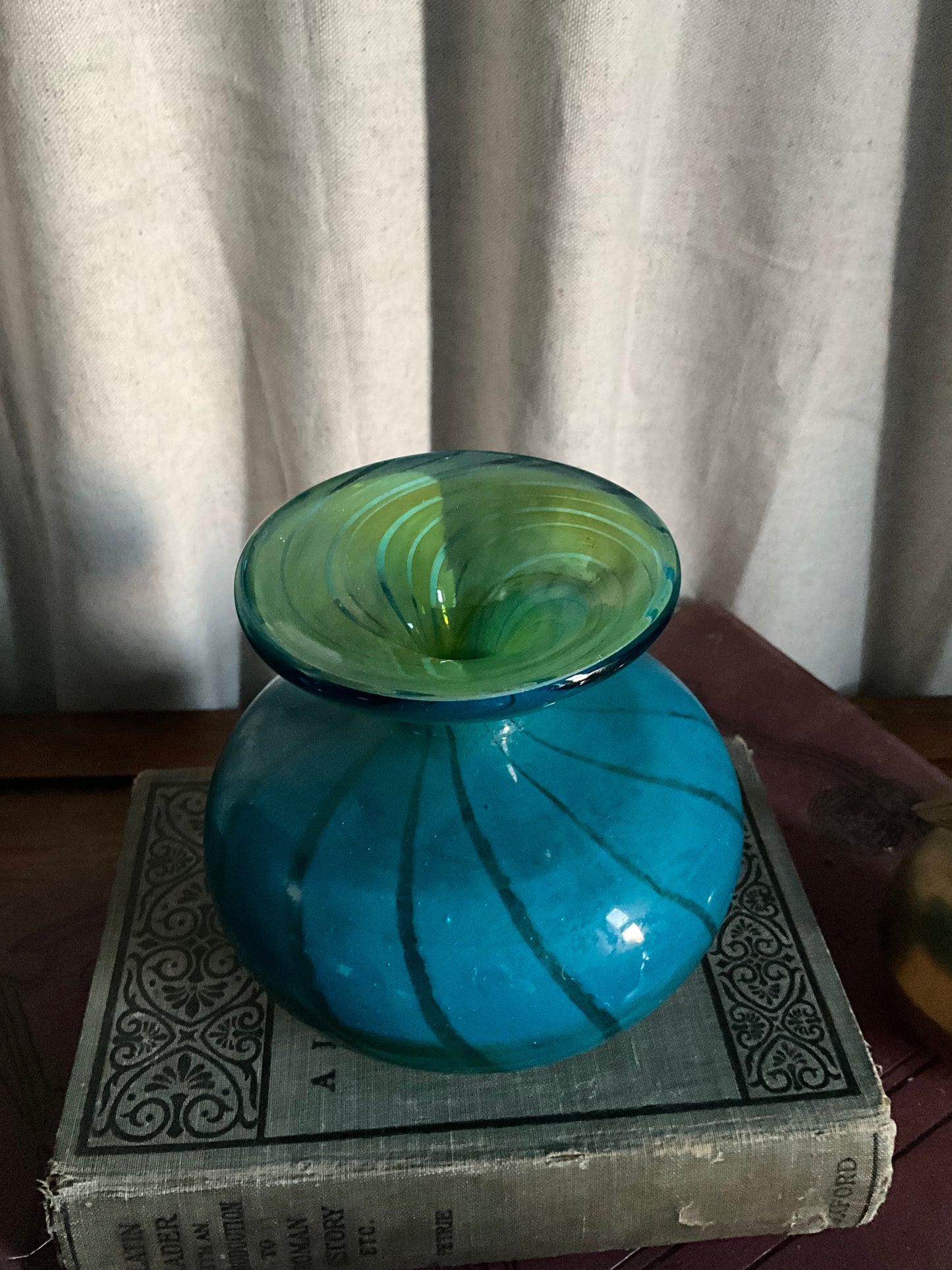 Art glass blue and green swirl vase