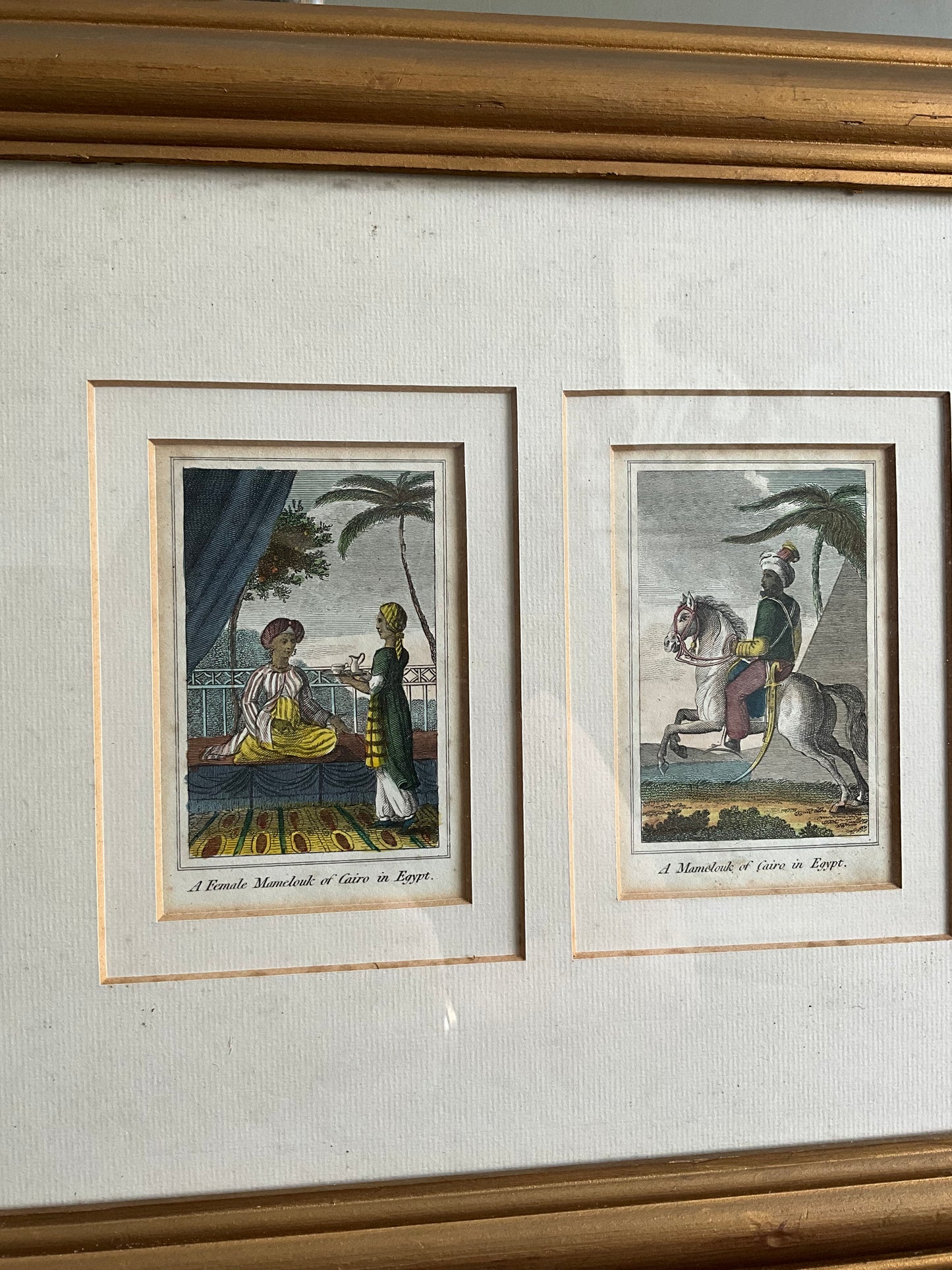 Vintage pair of prints in bevelled gold frame