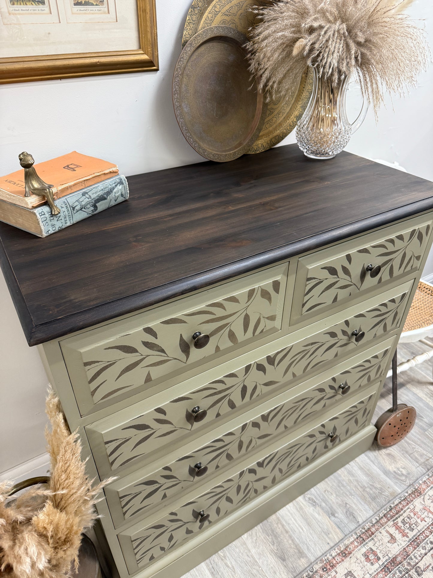 Solid pine stencil painted chest of drawers