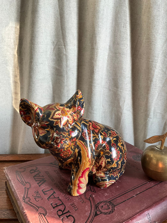 Vintage decoupage coated pig figurine