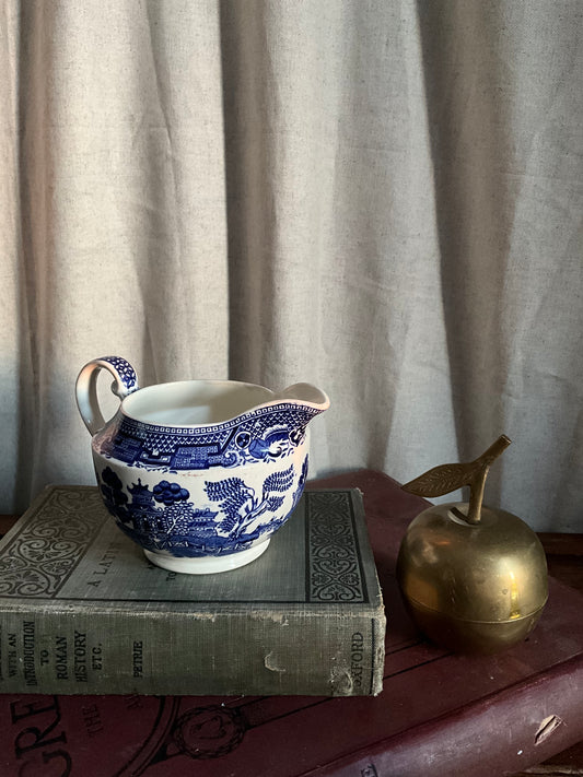 Vintage old willow blue and white sauce jug