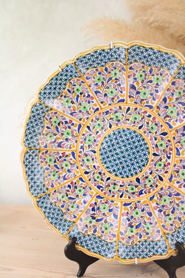 Hand Painted Large Hanging Plate in Blue and Orange