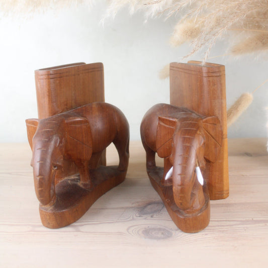 Pair of Vintage Wooden Elephant Bookends