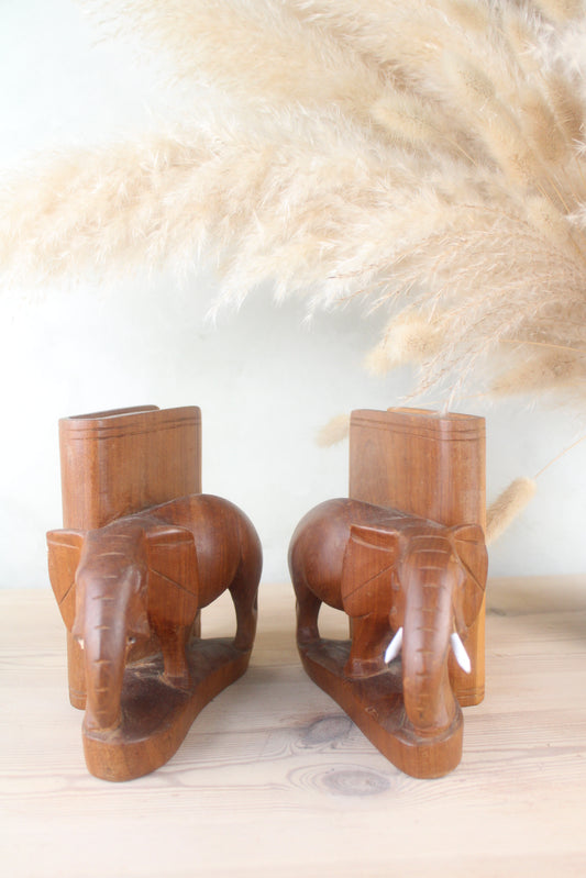 Pair of Vintage Wooden Elephant Bookends