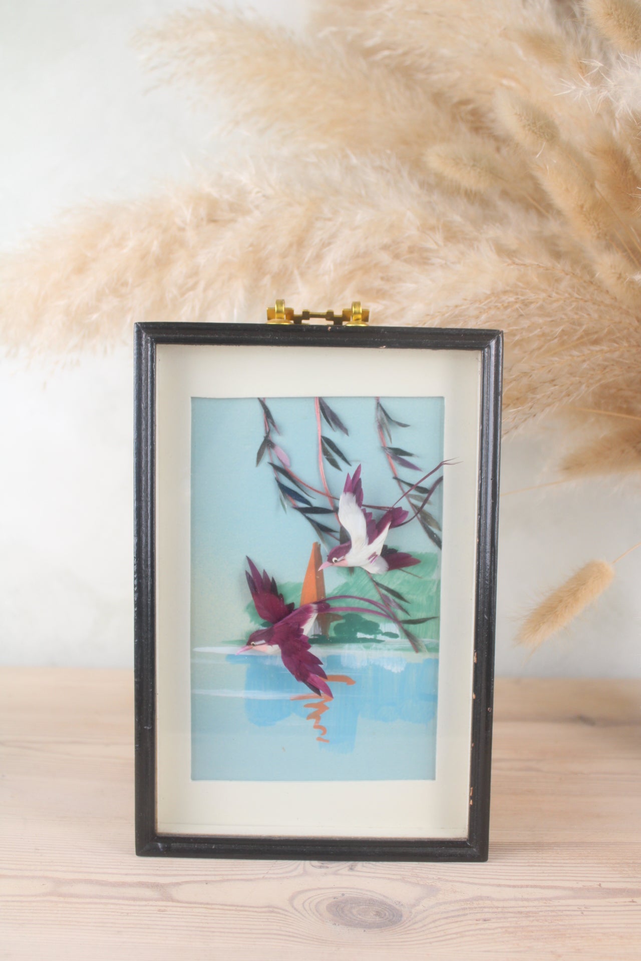 1950s Blue Flying Birds Painting in Black Frame