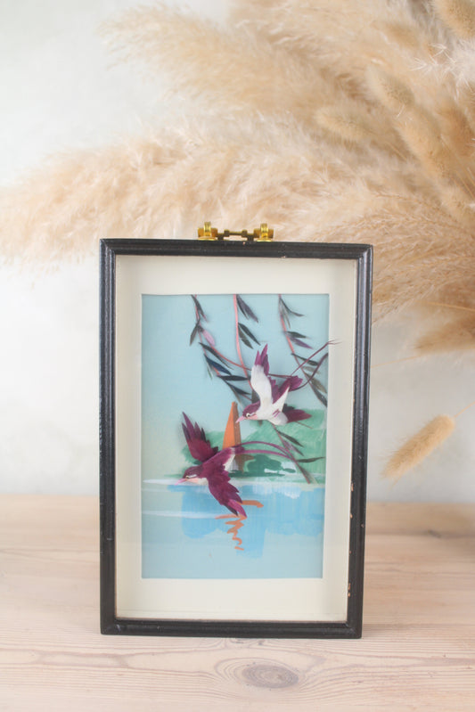 1950s Blue Flying Birds Painting in Black Frame