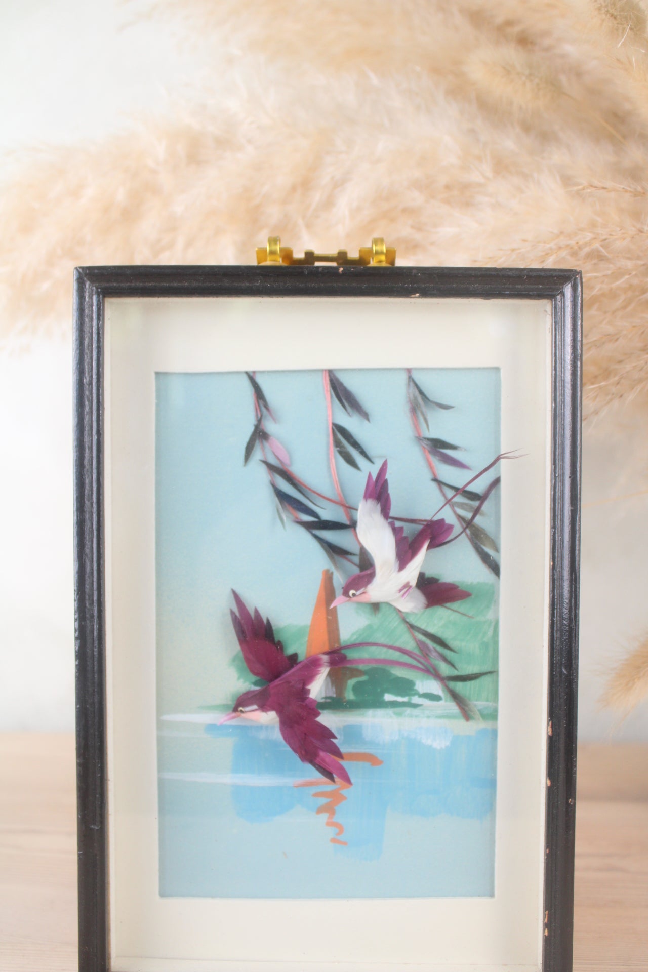 1950s Blue Flying Birds Painting in Black Frame