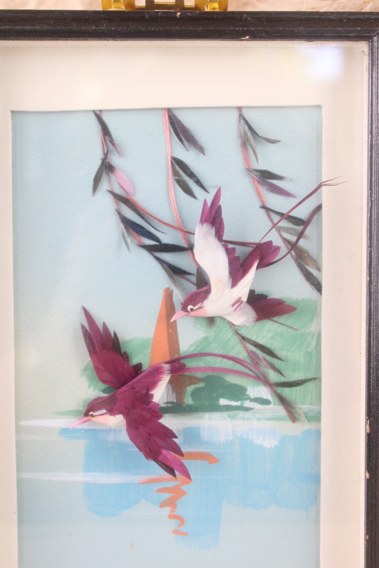 1950s Blue Flying Birds Painting in Black Frame
