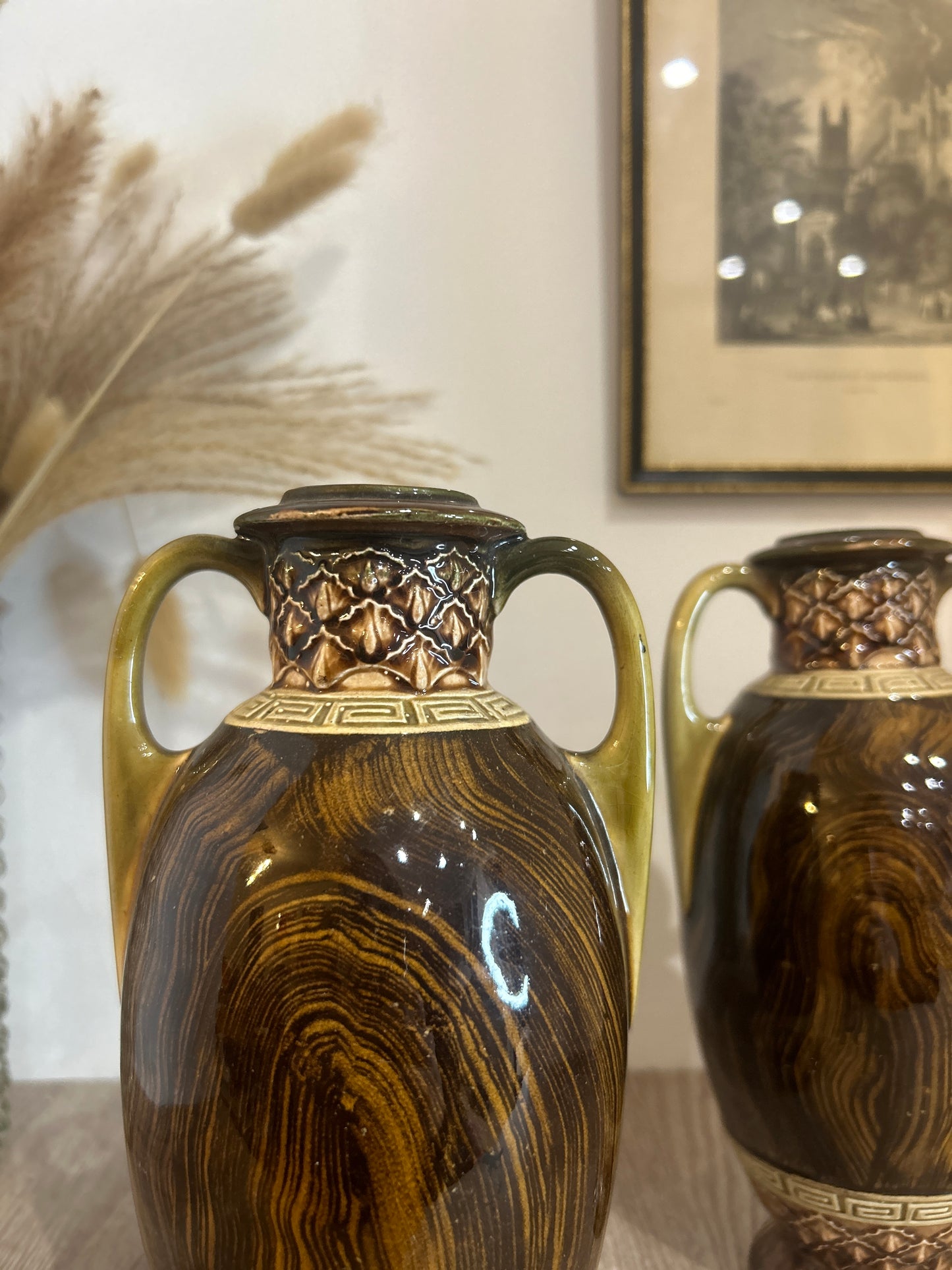 Pair of Italian Wood Effect Marbled Brown Vases