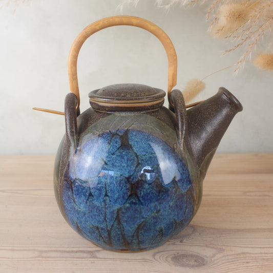 Stoneware Blue Glaze Tea Pot with Wooden Handle