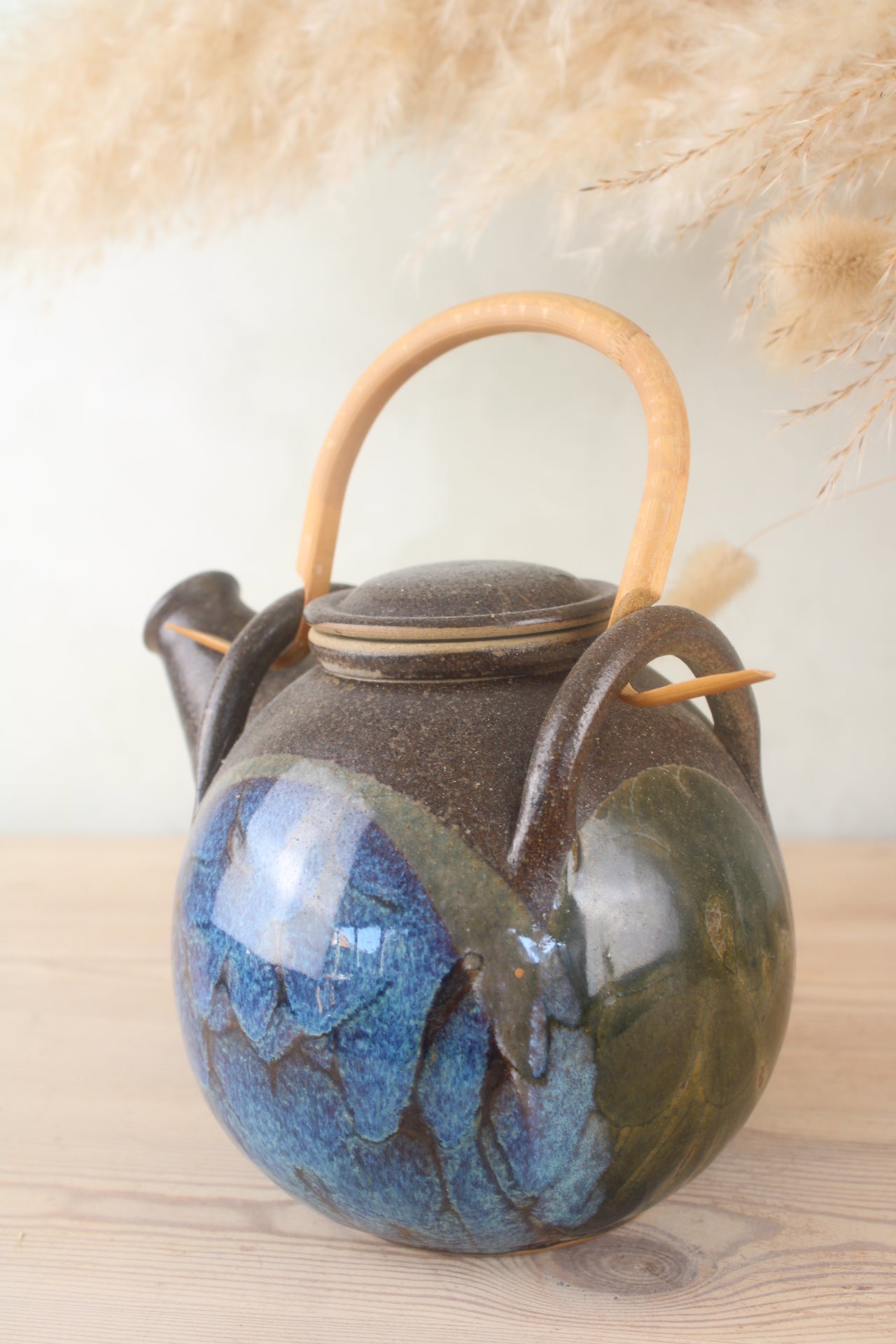 Stoneware Blue Glaze Tea Pot with Wooden Handle