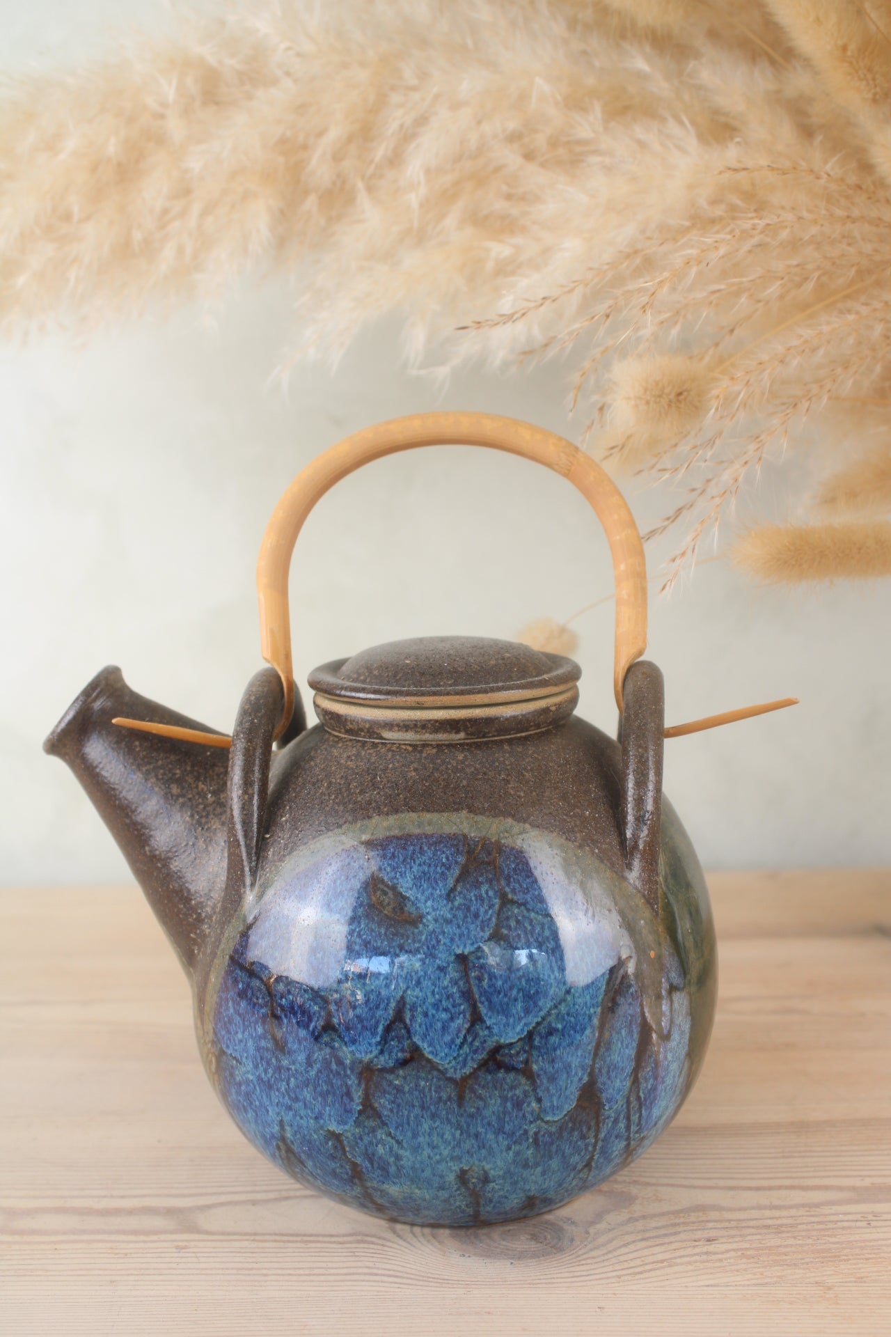 Stoneware Blue Glaze Tea Pot with Wooden Handle