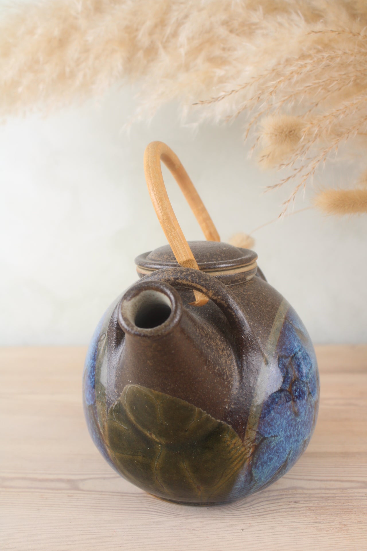 Stoneware Blue Glaze Tea Pot with Wooden Handle