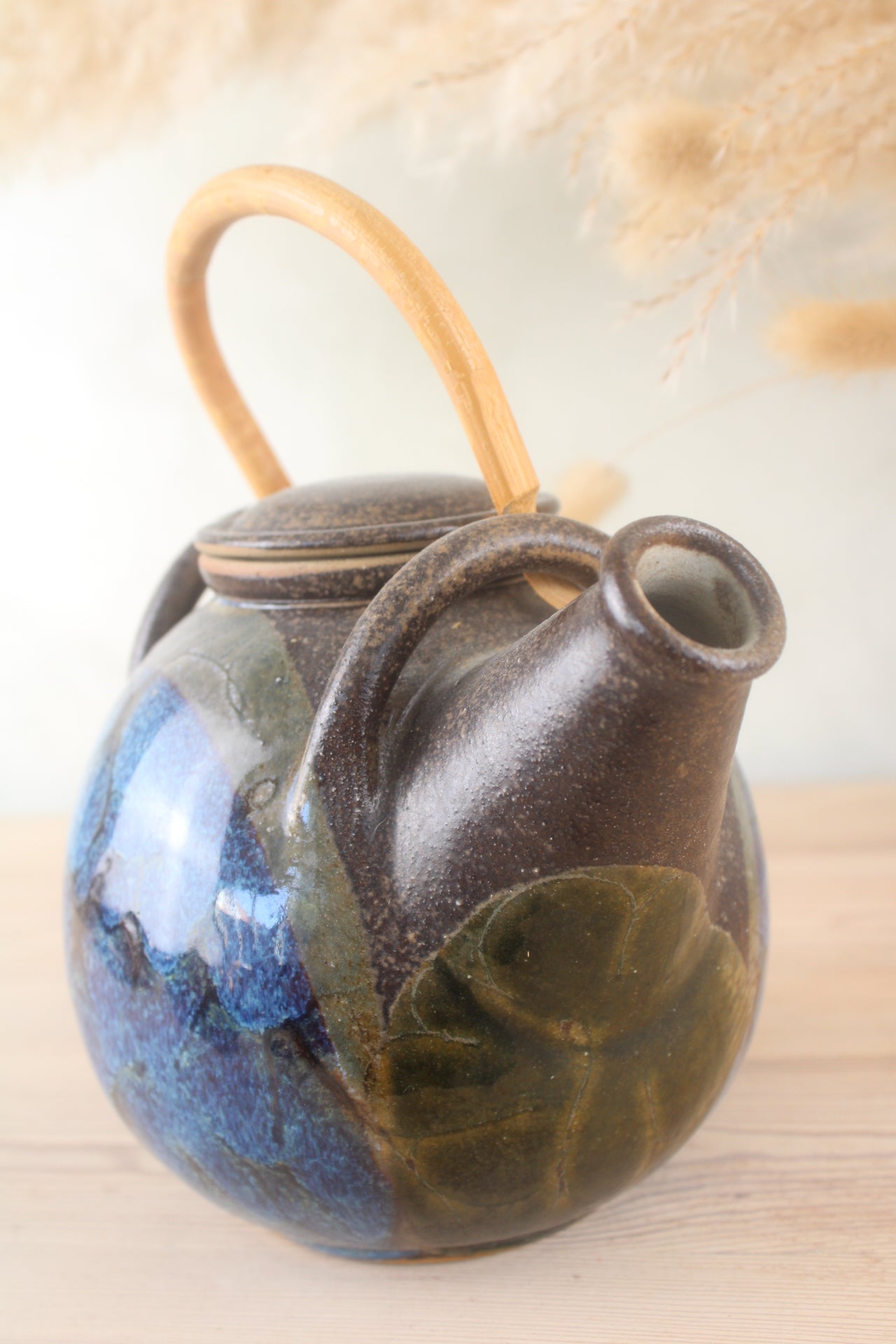 Stoneware Blue Glaze Tea Pot with Wooden Handle
