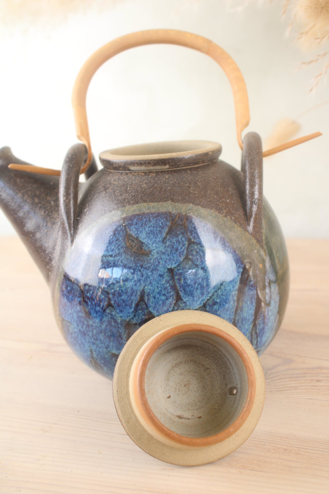 Stoneware Blue Glaze Tea Pot with Wooden Handle
