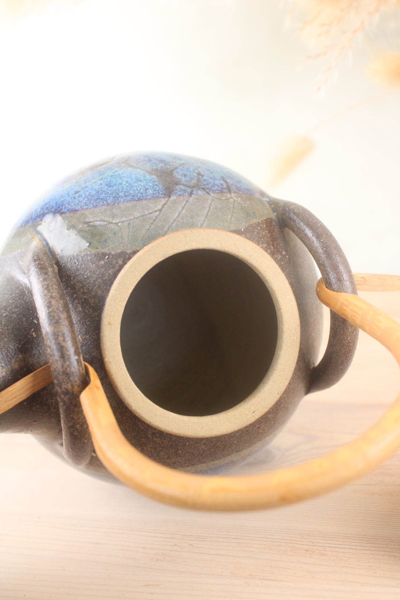 Stoneware Blue Glaze Tea Pot with Wooden Handle