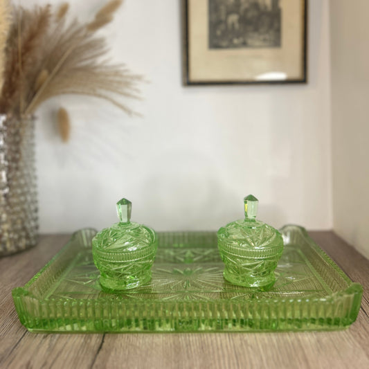 Green Glass Vintage Jewellery Tray and Trinket Pots