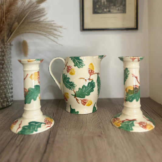 Marland Hand Painted Acorn Design Vintage Candlesticks and Jug Set