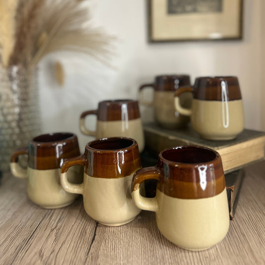 Set of 6 Handmade Vintage Pottery Brown Coffee Cup Mugs