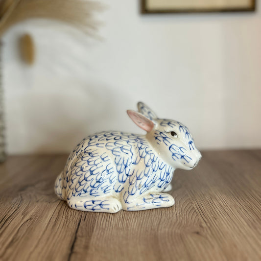 Blue and White Fishnet Vintage Ceramic Rabbit