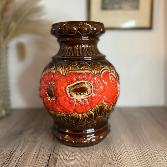 Floral Red and Brown Vintage West German Vase