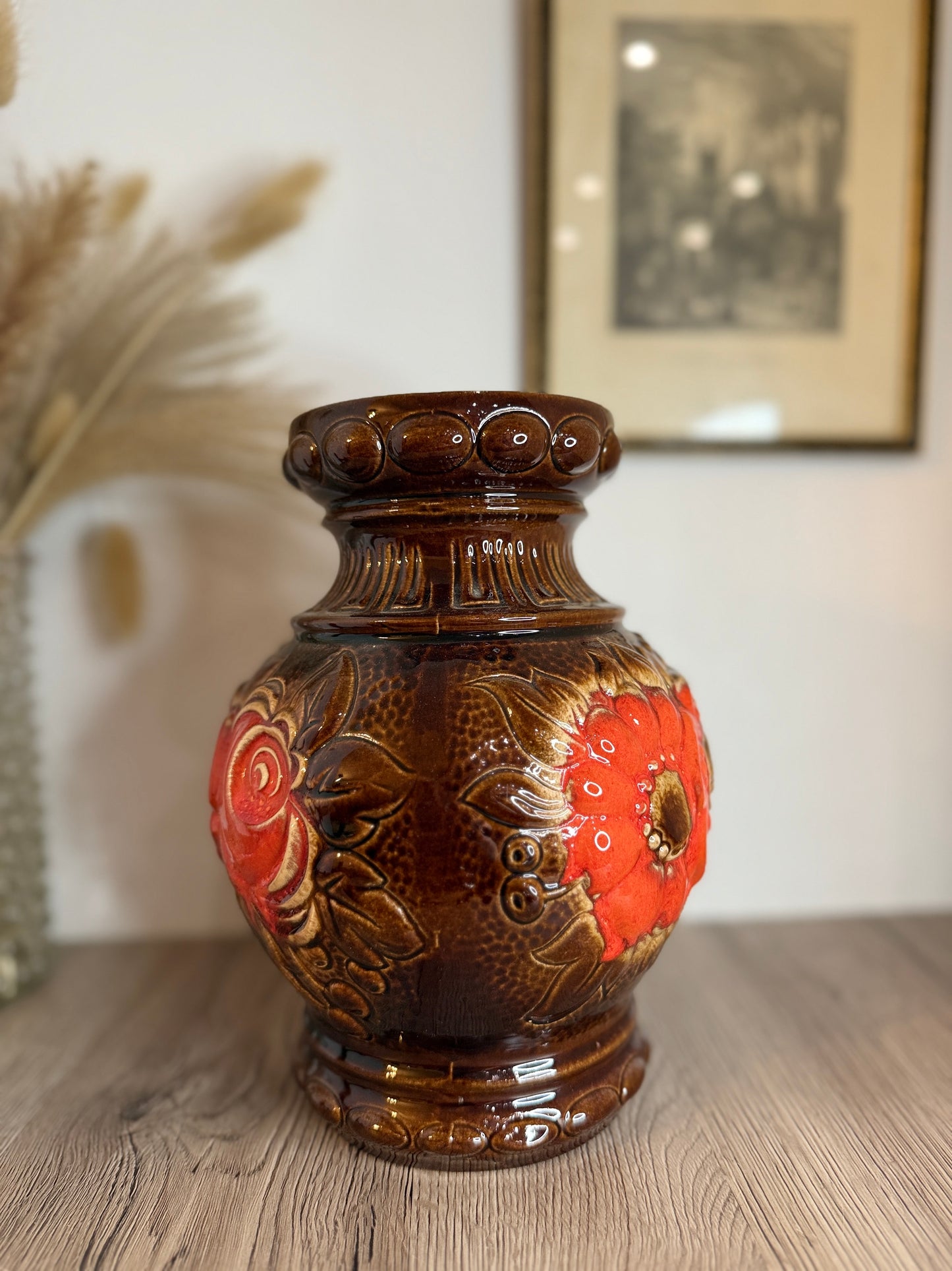 Floral Red and Brown Vintage West German Vase