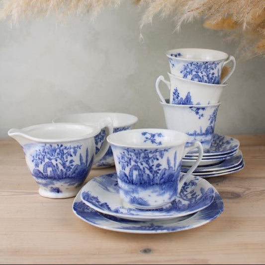 Set of 4 Regal Pottery Palissy ‘Enchanta’ Teaset Trios with Milk Jug and Sugar Bowl