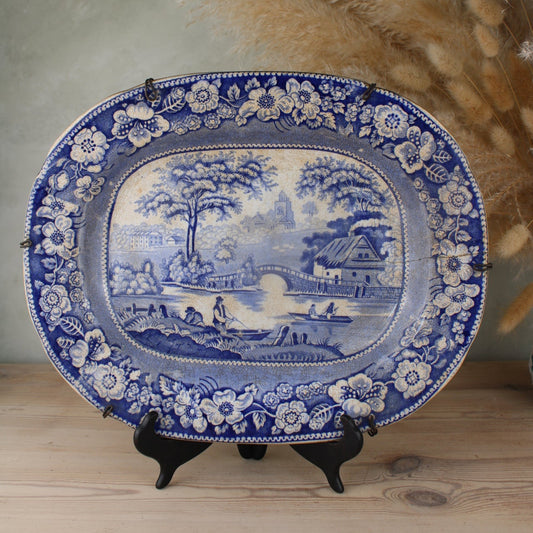 19th Century Blue and White Platter with Hanging Holder