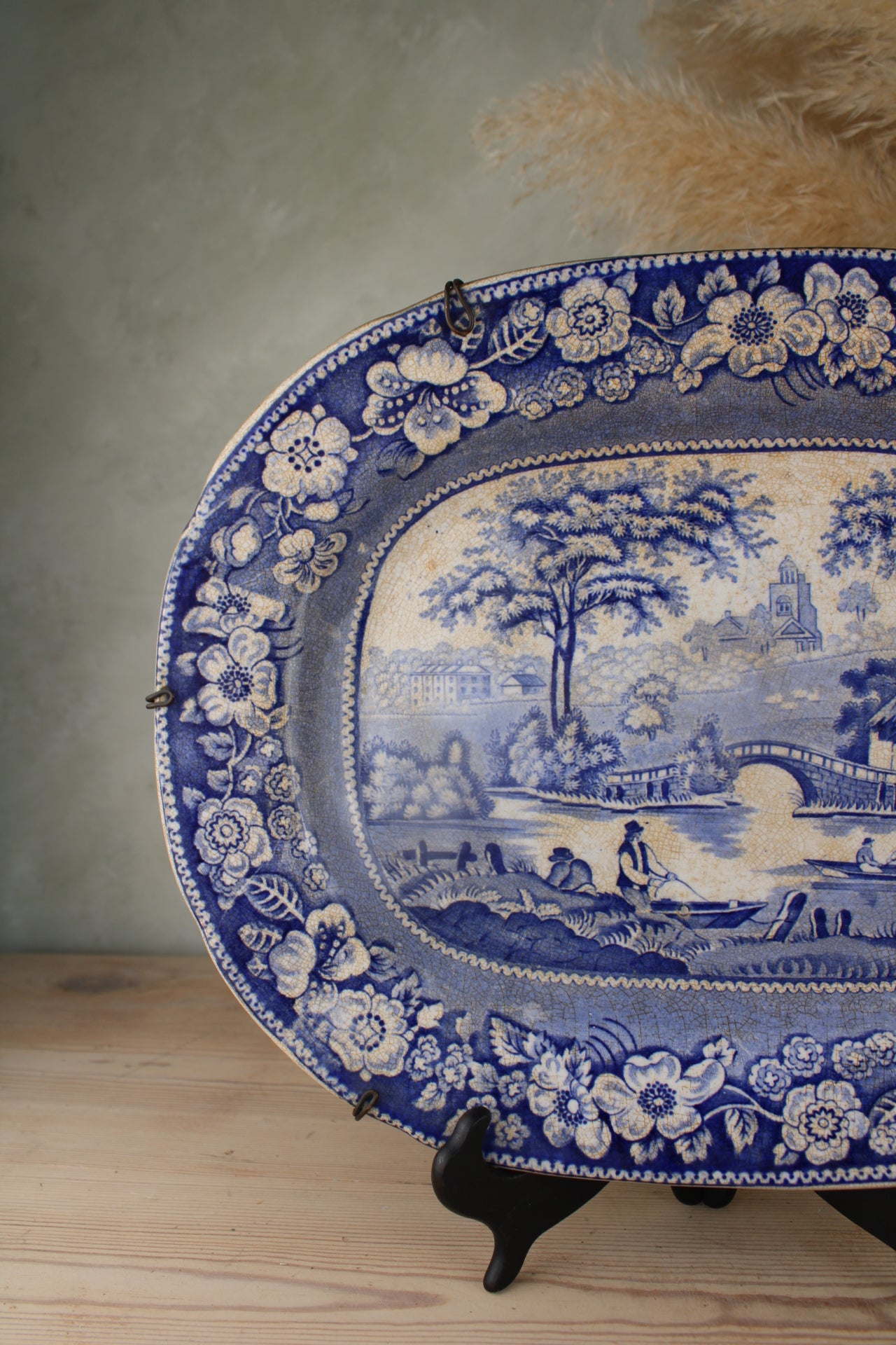 19th Century Blue and White Platter with Hanging Holder