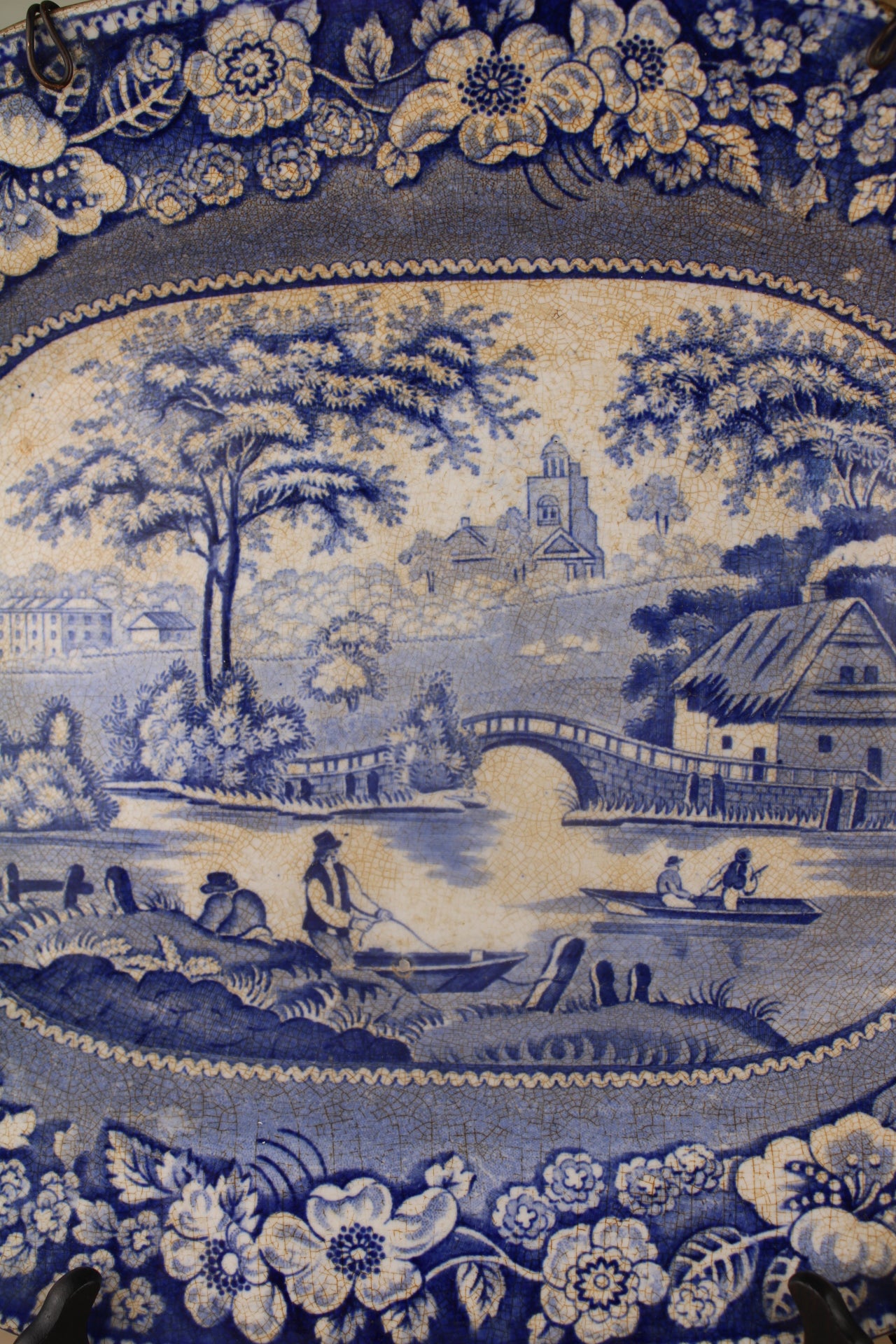 19th Century Blue and White Platter with Hanging Holder